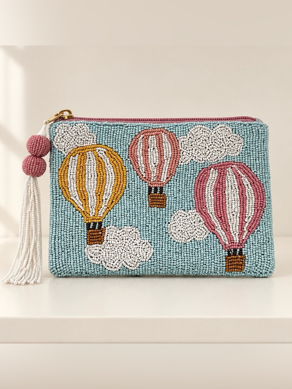 Pastel Hot Air Balloon Beaded Zip Pouch with Tassel